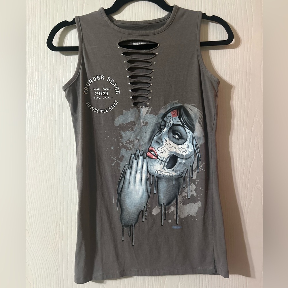 10$ TEE Women’s extra small motorcycle rally Gray Tank Top